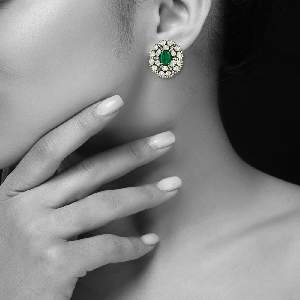 Emerald-Centered Polki Stud Antique Earrings with Floral Diamond Halo
